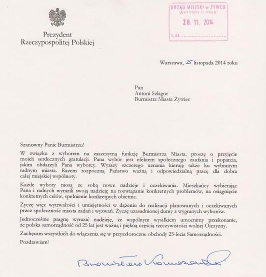 Prezydent Komorowski pisze do burmistrza