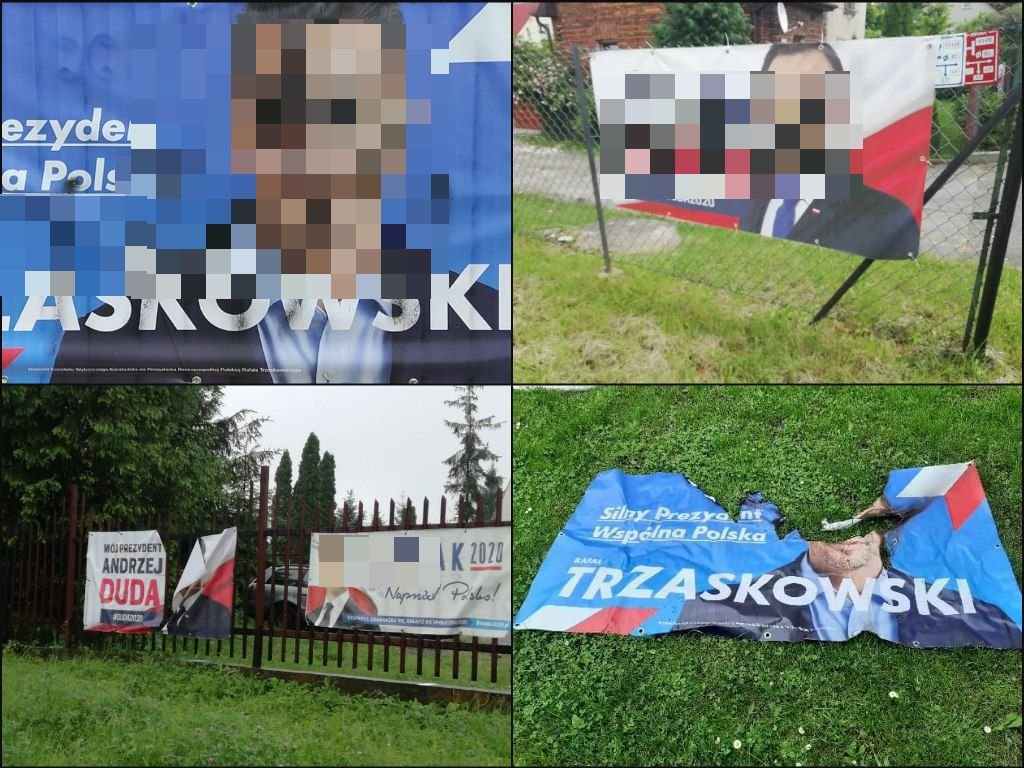 Pocięte banery, wulgarne napisy i obrazki