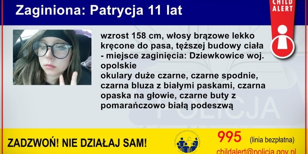 Child Alert. Zaginęła 11 Letnia Patrycja. Widziałeś Ją? Powiadom Policję