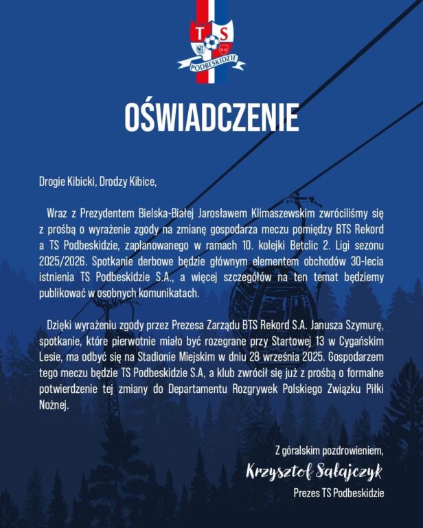 Oświadczenie Podbeskidzie Rekord Derby