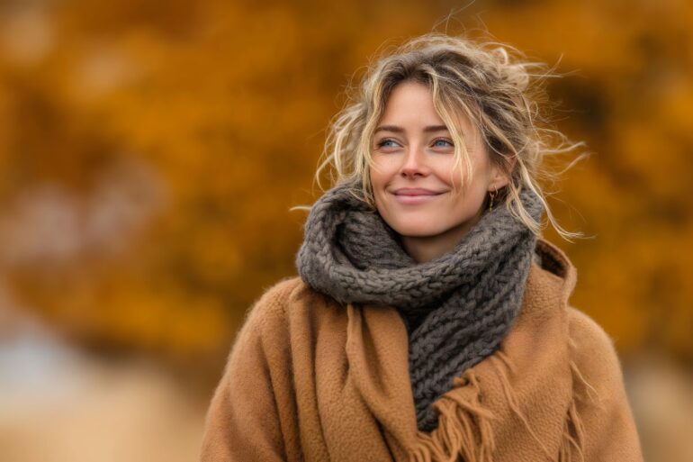 Jesienna moda na tle kolorowych liści – styl casual, elegancja, relaks