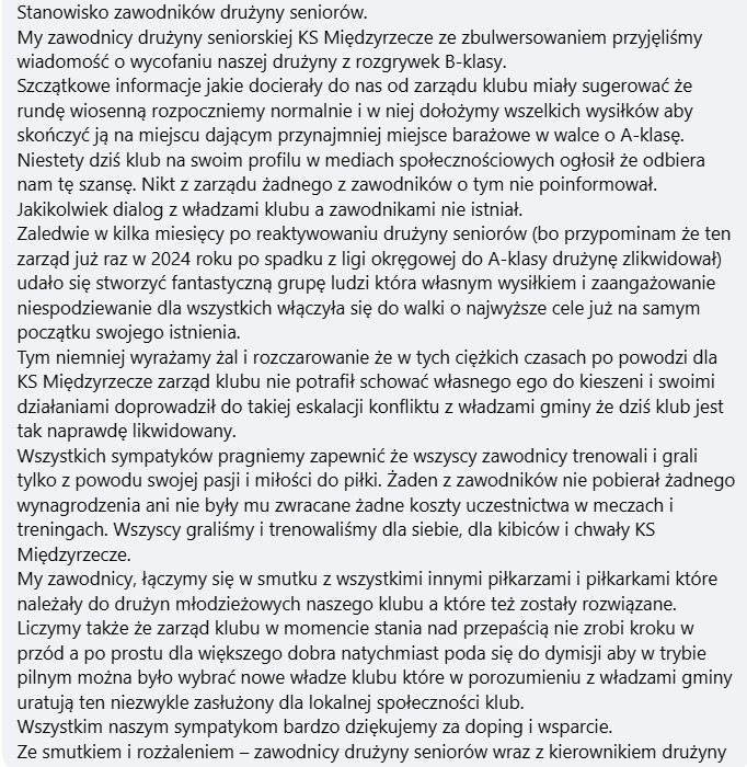 Oświadczenie zawodników KS Międzyrzecze
